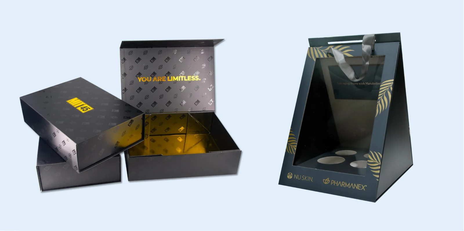 Cajas rígidas personalizadas en tonos oscuros con insertos para producto