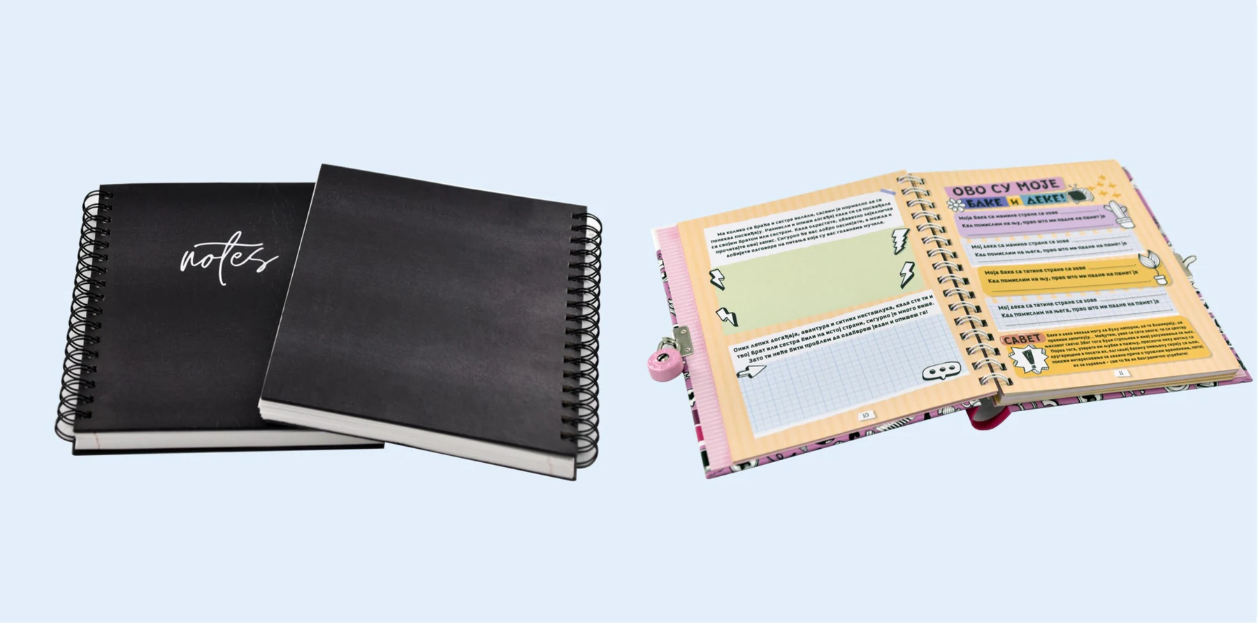 Cuadernos negros de espiral y una publicación ilustrada abierta