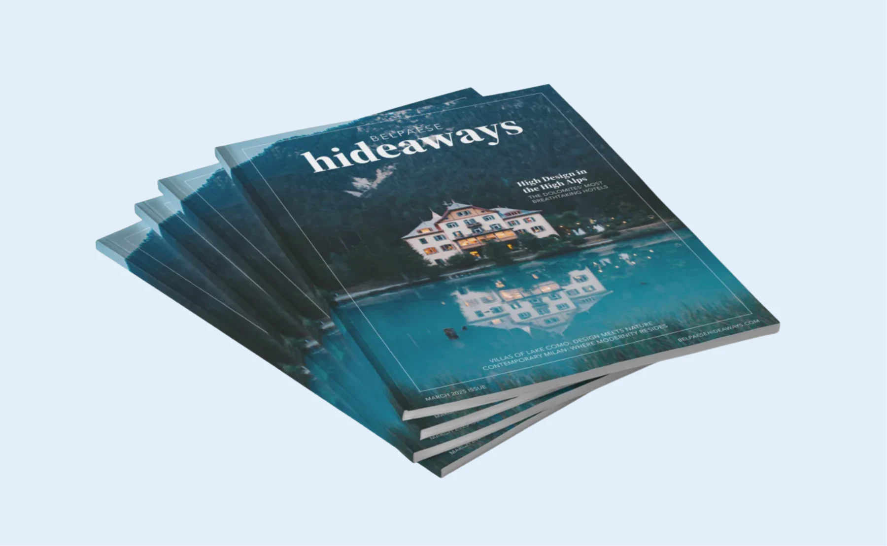 Ejemplares impresos de la publicación Hideaways apilados sobre fondo claro