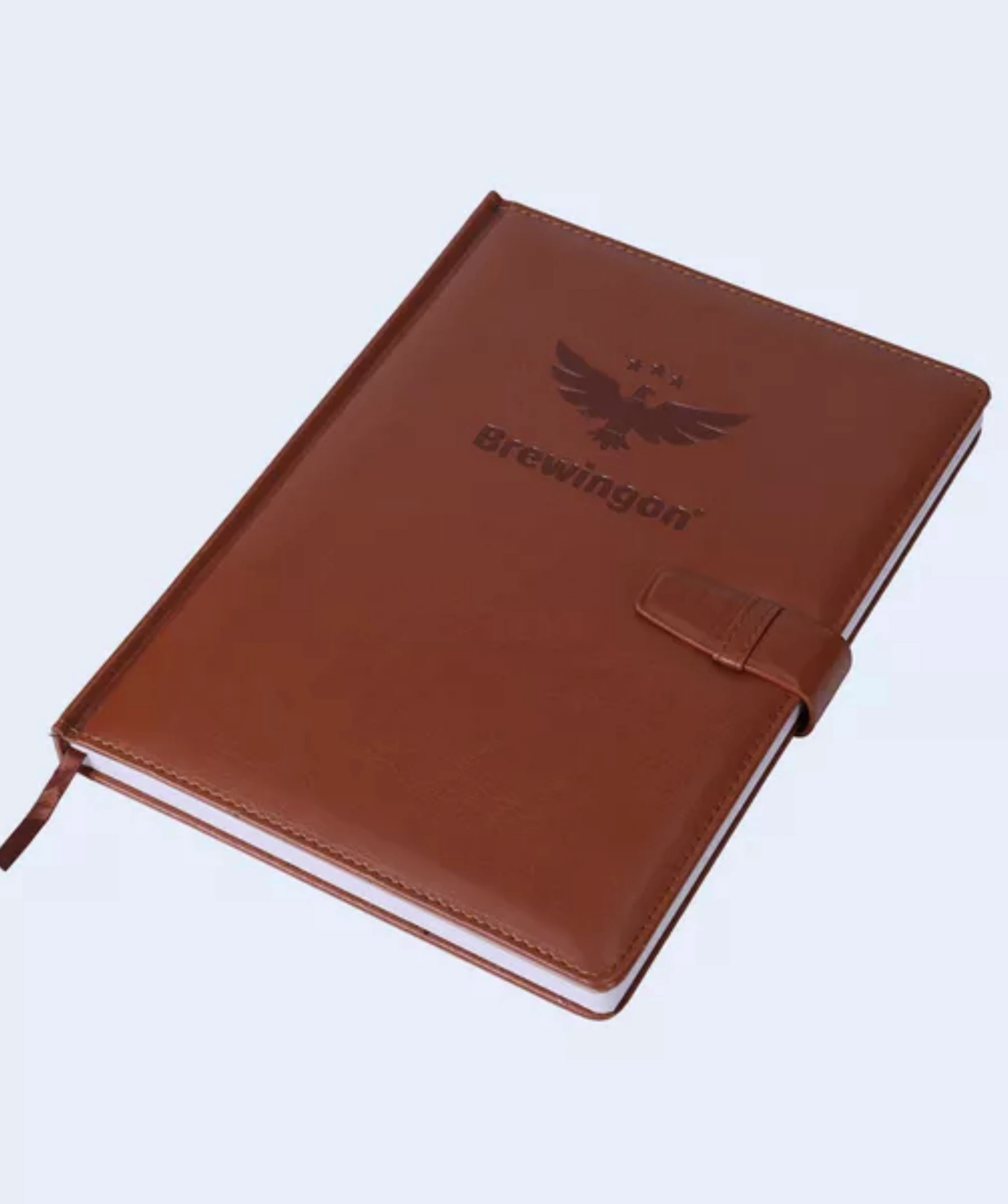 Libreta corporativa personalizada en color café con cierre y separador